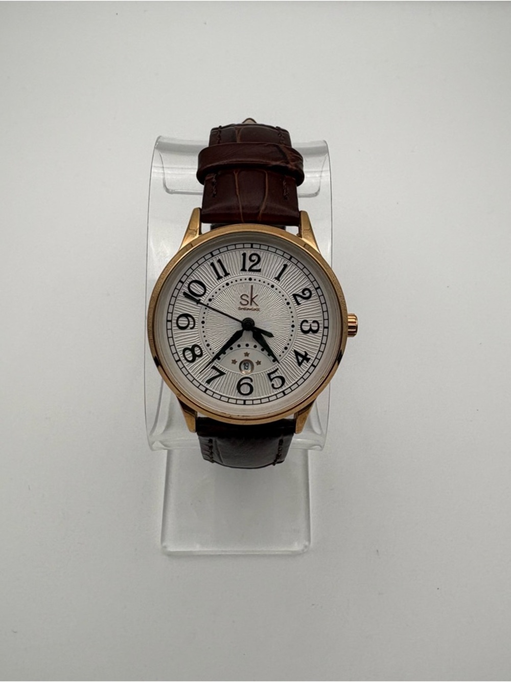 SK White Textured‎ Dial Rose Gold Case Brown Leather Watch New Battery
